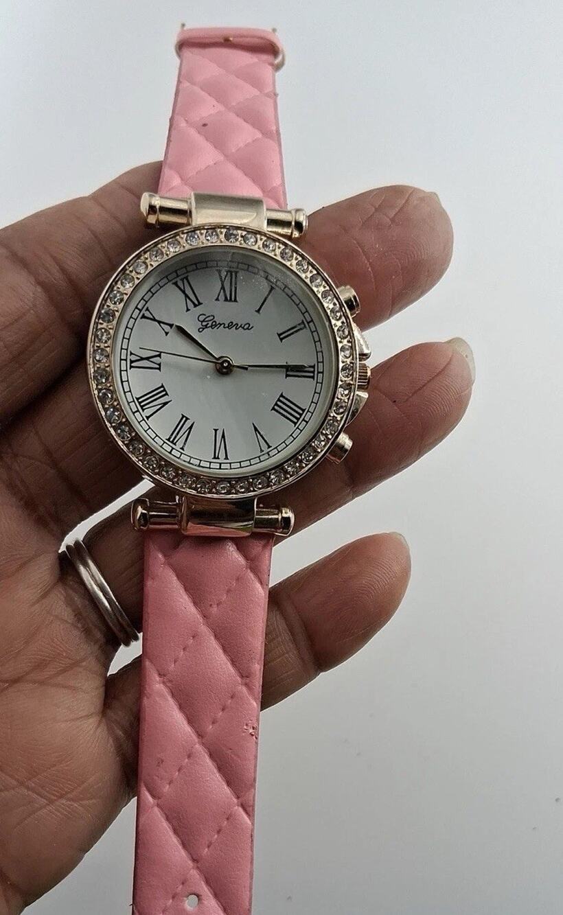 Womens Geneva Rose Gold Tone Crystal Bezel White Dial Pink Quilted Leather Watch